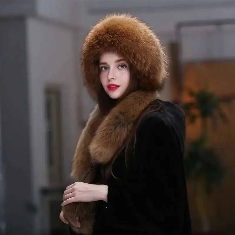 Fox Fur Hat Women Winter Scarf Hat Warm Ear Protection Cap Female Outdoor Thick Warm Fur Hats Russians Fashion Fluffy Fur Hat