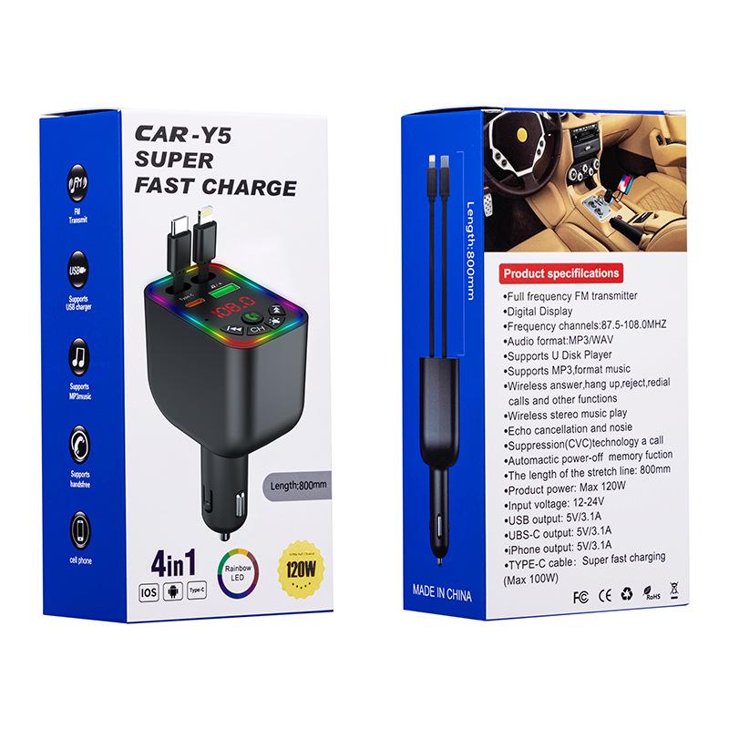 Y5 Car Bluetooth MP3 Charger with Retractable Cable, Fast Charging, Digital Display, Color Light, Cigarette Lighter, and U Disk Player