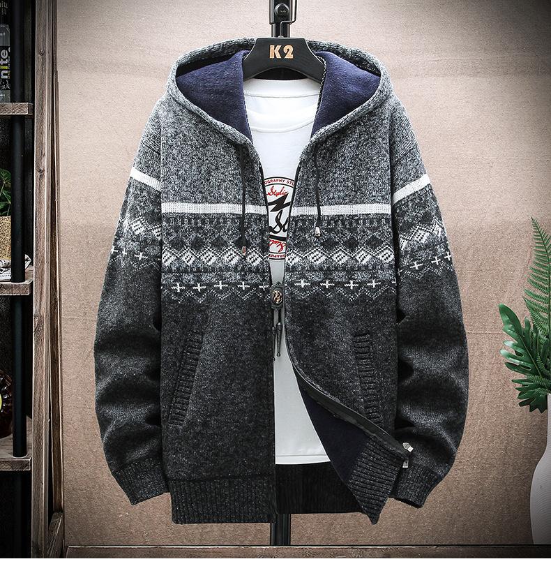 2026 autumn and winter new men's casual jacket European and American hooded cardigan knitted thickened plush sweater