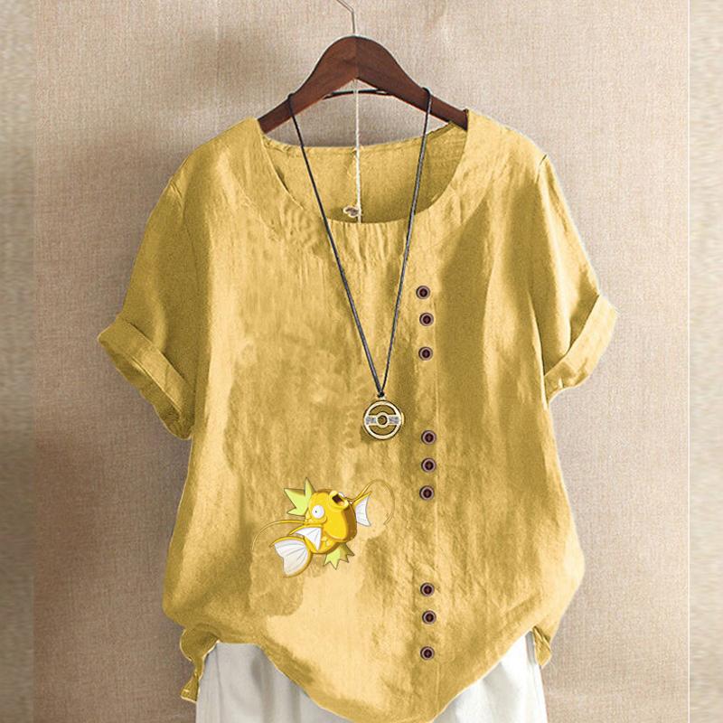 Women's Fashion Goldfish Prined Round Neck Short Sleeve T-shirt Casual Cotton Linen Graphic Shirt Leisure Loose Summer Blouse Tops
