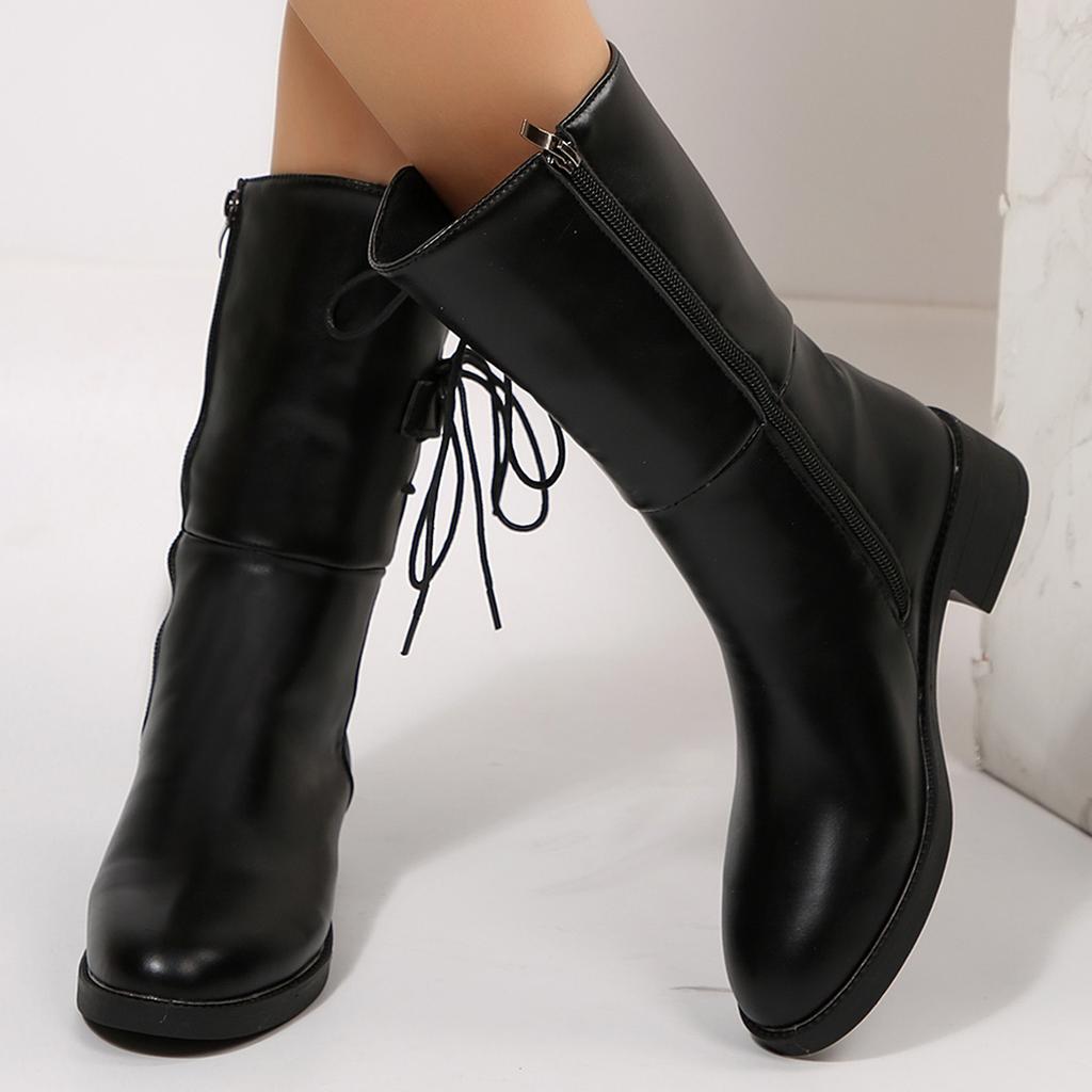 2025 Autumn and Winter Fashion New Casual Plus Warm Round Toe Zipper Solid Color Comfortable Pu Leather Women's Ankle Boots 529