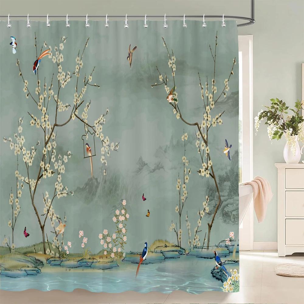 landscape Fabric Shower Curtain Bathroom Curtains Chinese style Ink Scenery Flowers Birds Waterproof Decor Bath Screen with Hook