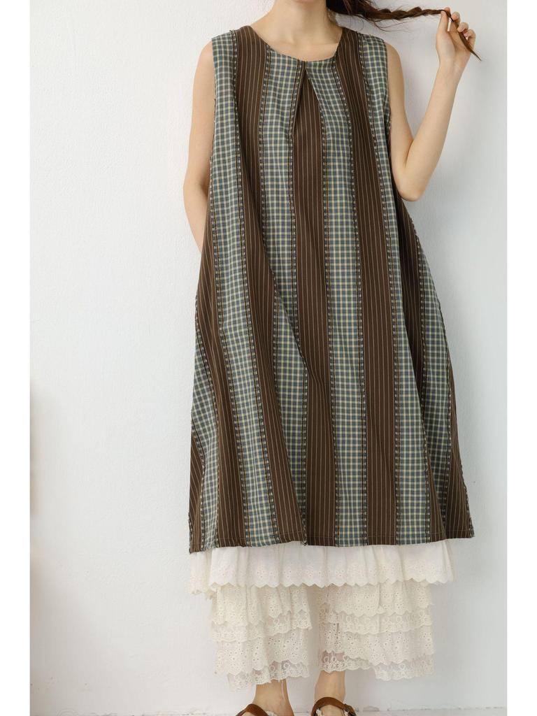 Spring-Summer Retro Jacquard Plaid Stripe Double-Layered Loose Sleeveless Vest Dress