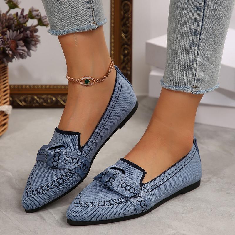 Spot Foreign Trade Thin Pointed Large Size Flat Single Shoes Fly Weaving One Pedal Bow Casual Breathable Women's Shoes