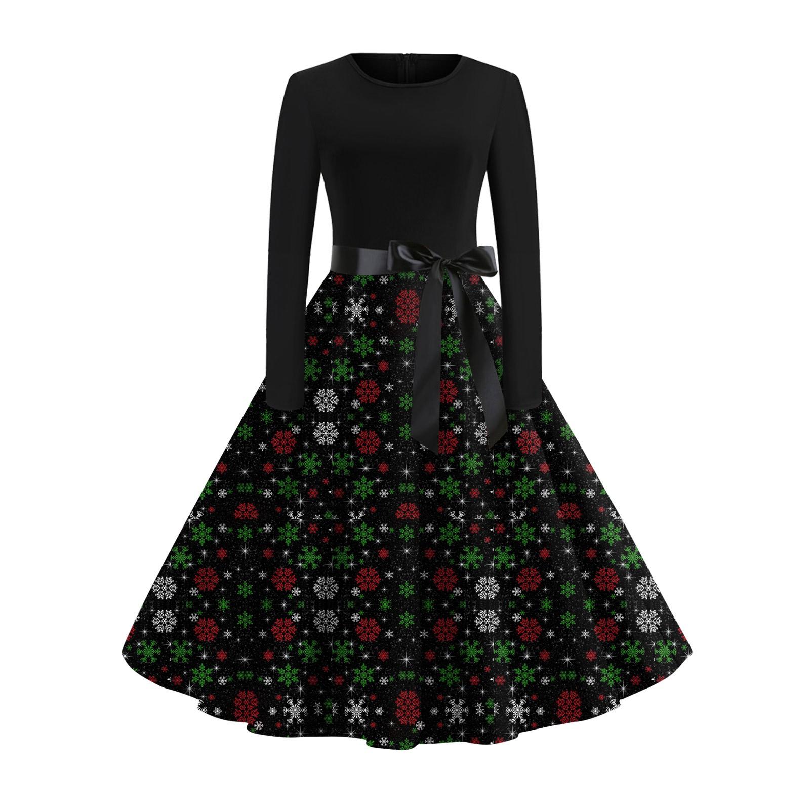 Женское винтажное классическое платье с длинным рукавом и рождественским принтом — фото 3