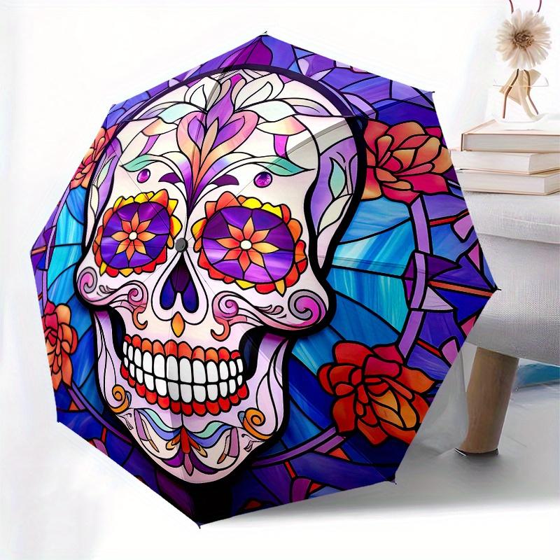 Colorful Sugar Skull Stained Wall Art DecorUmbrella, Portable 3-Fold Compact Umbrella for Men & Women Gift