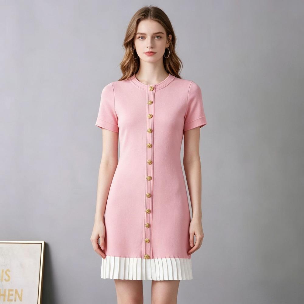 Summer New Button Slim Commute Dress French Style Contrast Color Short Sleeve Dress Elegant O-neck High Waist Pleated Mini Dress