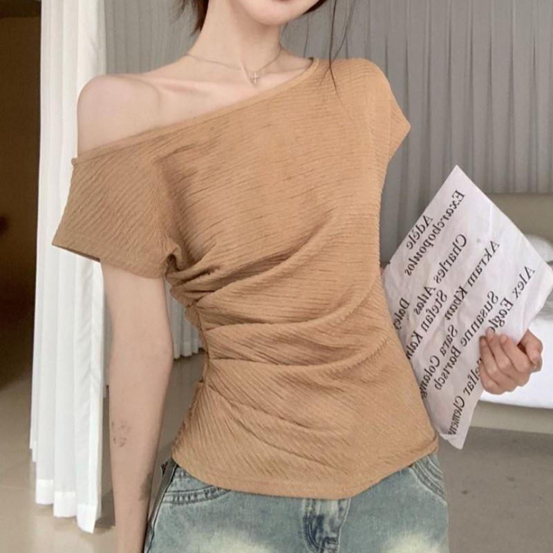

Женская летняя укороченная футболка с открытыми плечами, сексуальная, облегающая, с короткими рукавами, модная, чувственная, дизайн, однотонная, элегантная одежда One Size хаки