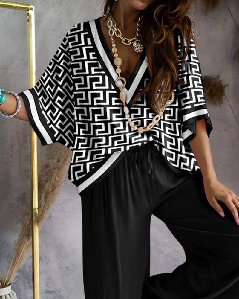 Women's Printed Bat Sleeve Top and Wide-Leg Pants Set