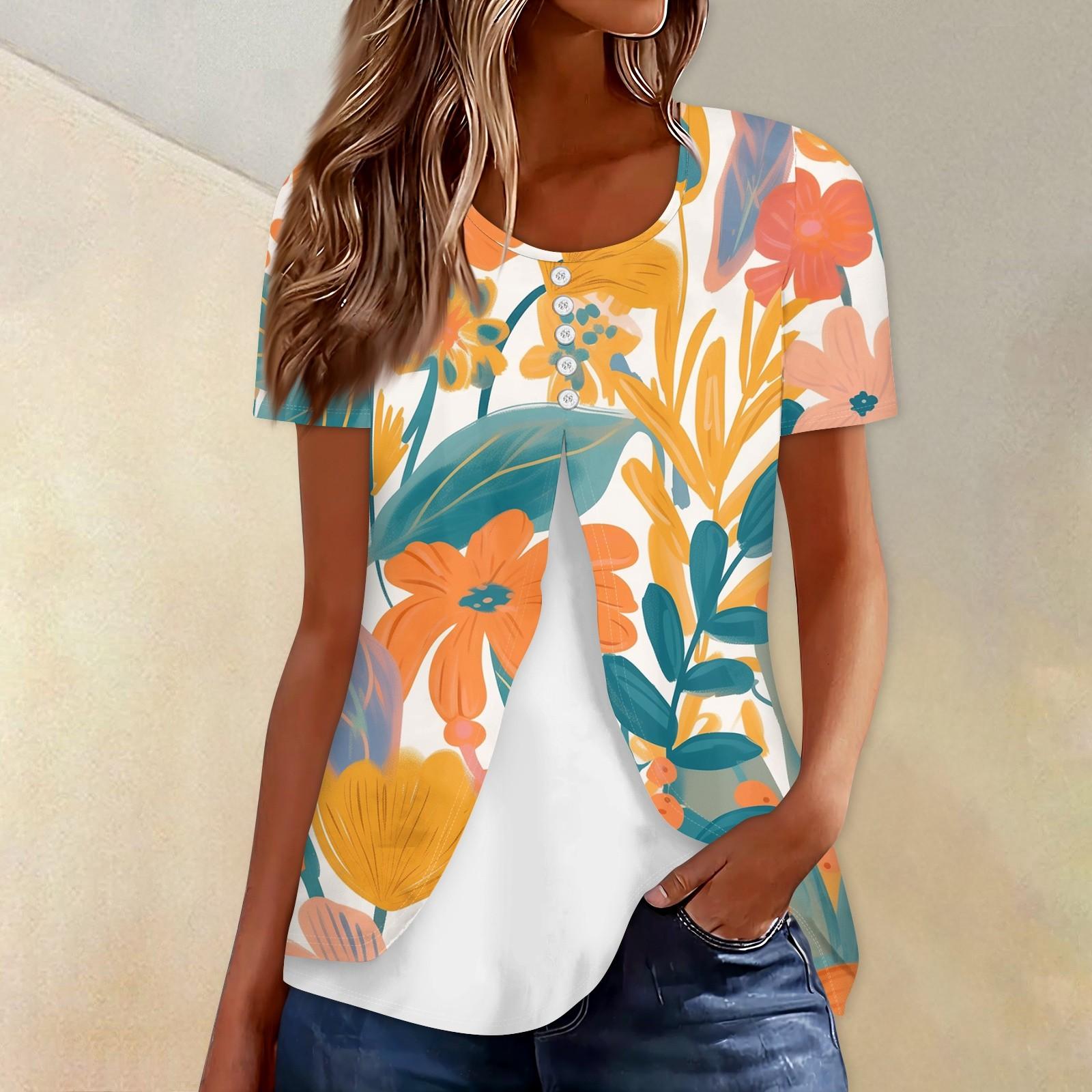 

Женская летняя футболка с цветочным принтом, круглым вырезом и витой пряжкой, неровный подол, топ XL жёлтый