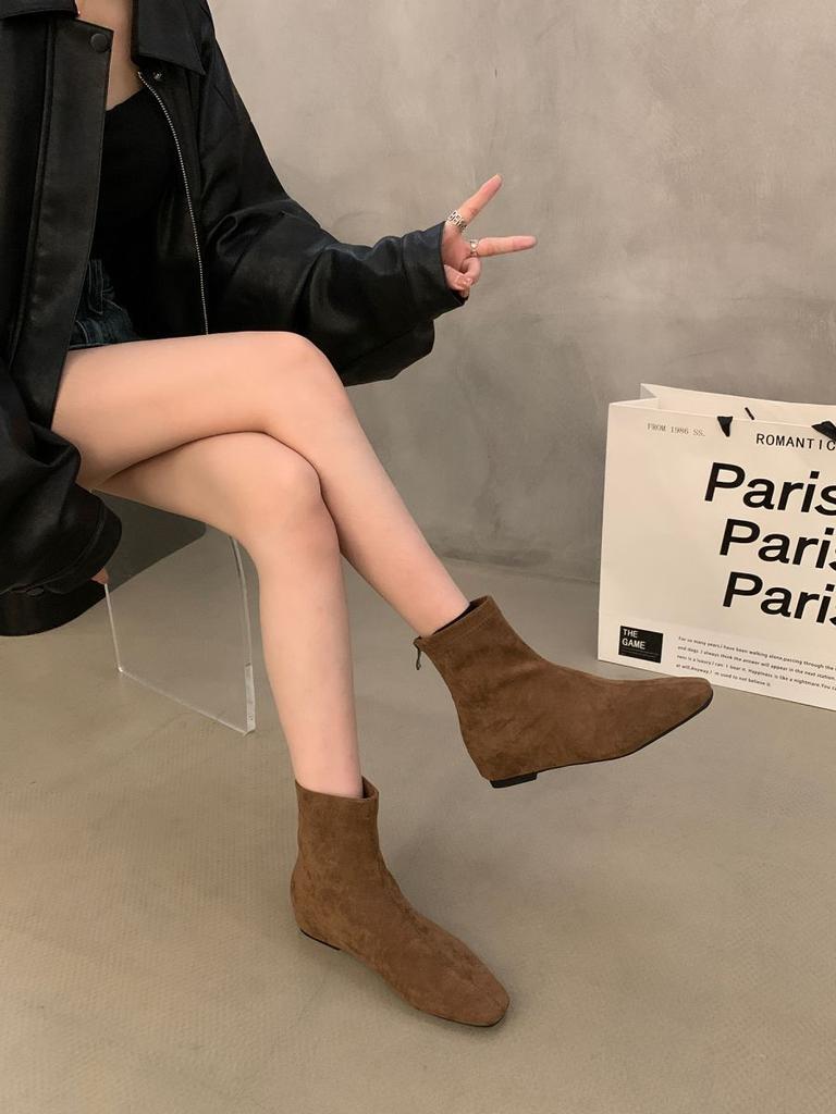 Height-increasing Short Boots Women's Boots 2025 Autumn and Winter New Korean Version Simple Short Boots Rear Zipper Square Head Fashion Boots Wo