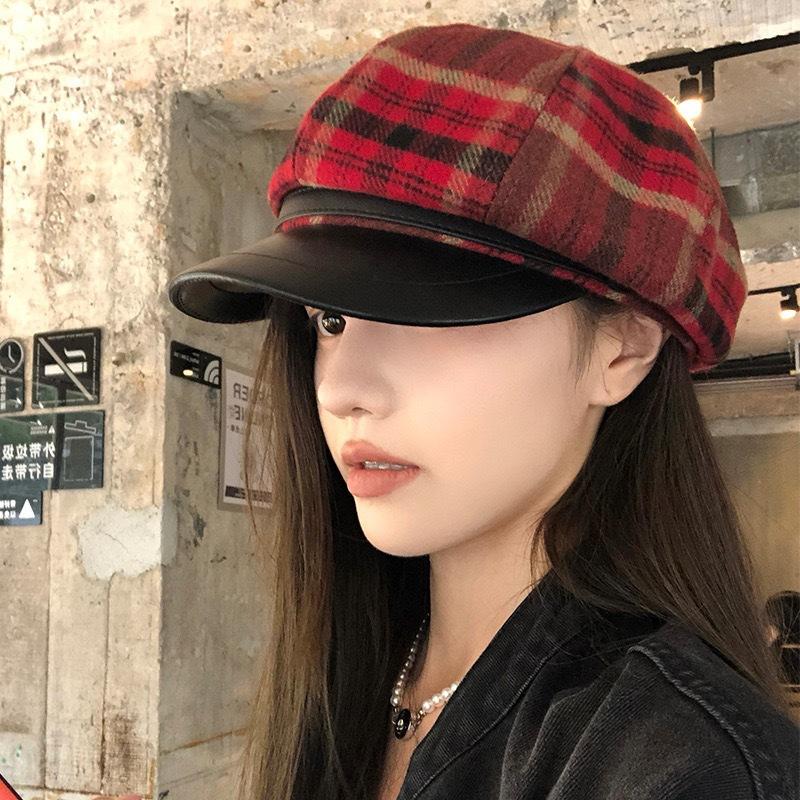 New Trendy Elegant Plaid Newsboy Cap With Leather Trim Women Beret Hat Daily Streetwear Fashion Headwear Women Gifts Party Caps