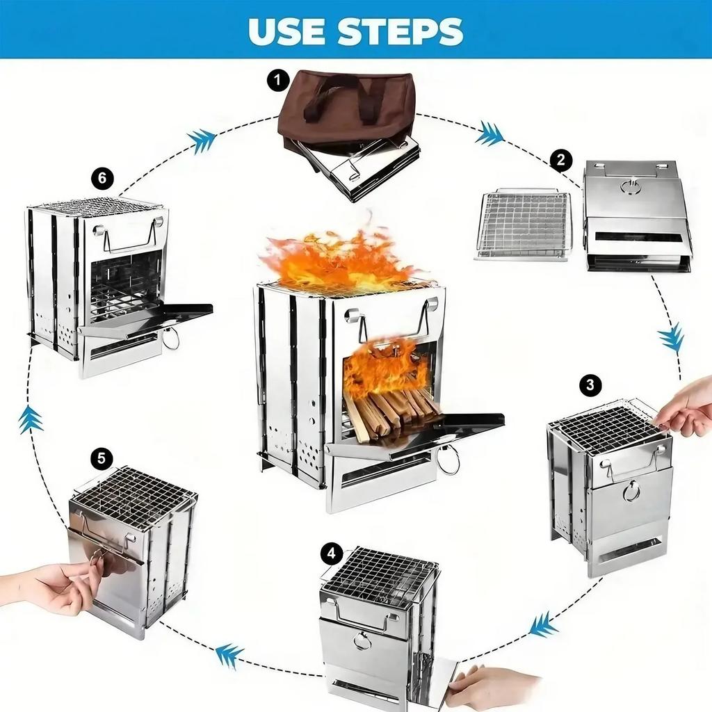 Portable Folding Stainless Steel Charcoal Stove Lightweight Wood Burning Camp BBQ Grill For Outdoor Cooking
