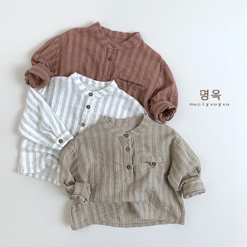 Unisex Kids Casual Vertical Striped Plaid Stand Collar Long Sleeve Children Shirt