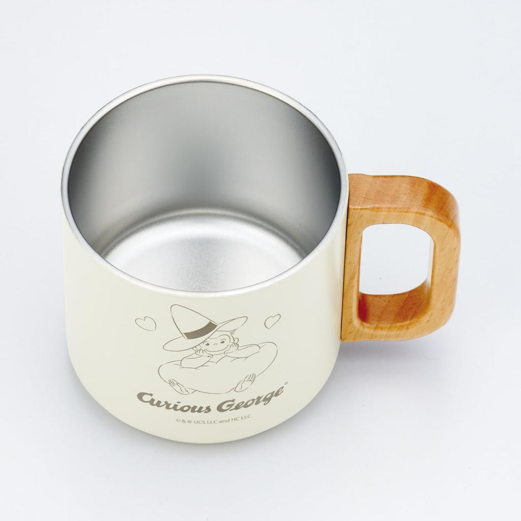 Skater Stackable Stainless Steel Keeps Hot or Vacuum Wooden Curious George 85th Anniversary Mug, 350ml, Cold, Insulated, Handle, Edition, SSTMG3S-A