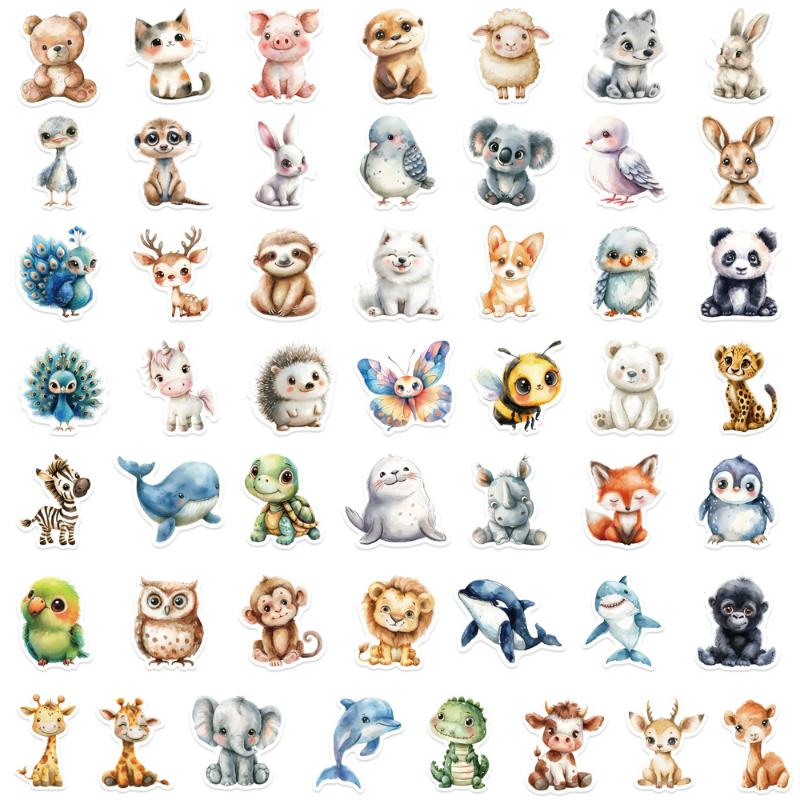 50Pcs/Set Watercolor Animal Doodle Stickers Diy Decor For Guitar/Tablet/Journal Waterproof