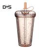 Leak-proof Iced Coffee Cup Reusable Straight Pipette Cup with Built-in Straws Double Wall Insulated Iced Coffee Tumbler Cartoon Drinking Cup