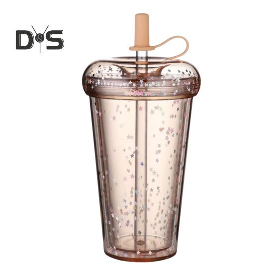 Leak-proof Iced Coffee Cup Reusable Straight Pipette Cup with Built-in Straws Double Wall Insulated Iced Coffee Tumbler Cartoon Drinking Cup