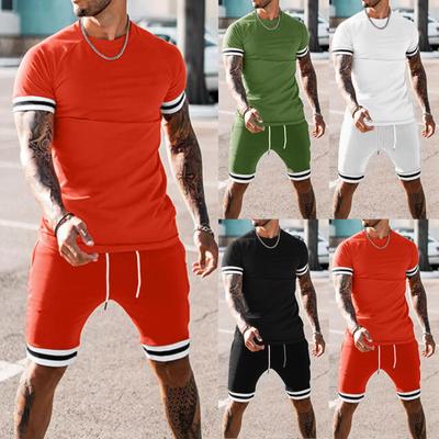 7 Farben Gestreiftes Patchwork Saum Web Kurzarm T-Shirt Sets Herren Sommer Zweiteiler Kurze Hosen Anzüge Sportbekleidung