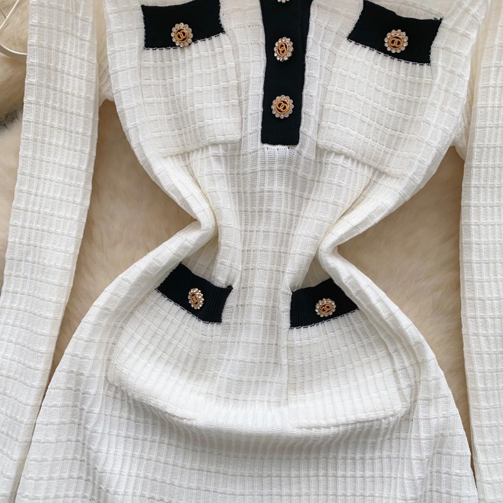 Spring Autumn Women Elegant V-neck Designer Knitted Sweater Mini Short Dresses