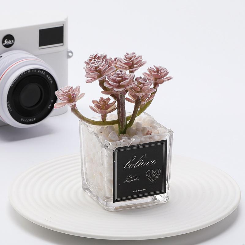 1 PC Simulation Mini Glass Flocked Succulent Potted Planter, Home Living Room Desk Office Ornament, Holiday Gift