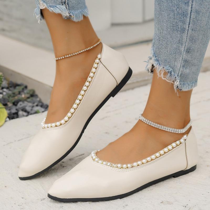 Large size pointed head shallow mouth single shoes women's spring and autumn new pearl versatile one-pedal shallow mouth Doudou shoes