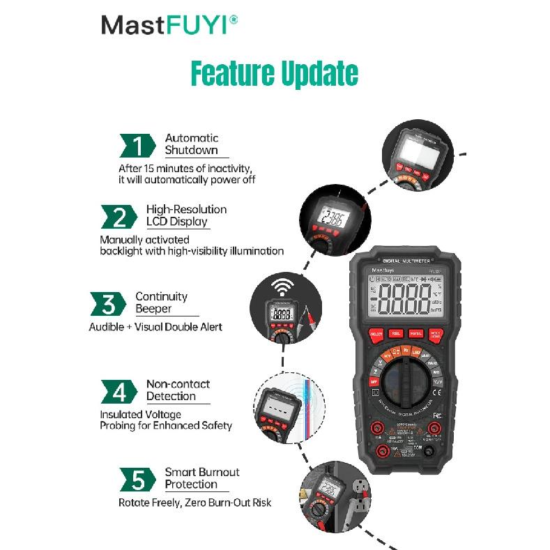 MASTFUYI Smart Digital Multimeter 6000 Counts True RMS Professional Tester Ohm Frequency Capacitance Measurement NCV Detection