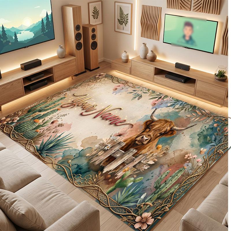 Mountain Landscape Theme Crystal Velvet Floor Rug Personalized Custom Name Text Warm Carpet Home Decoration