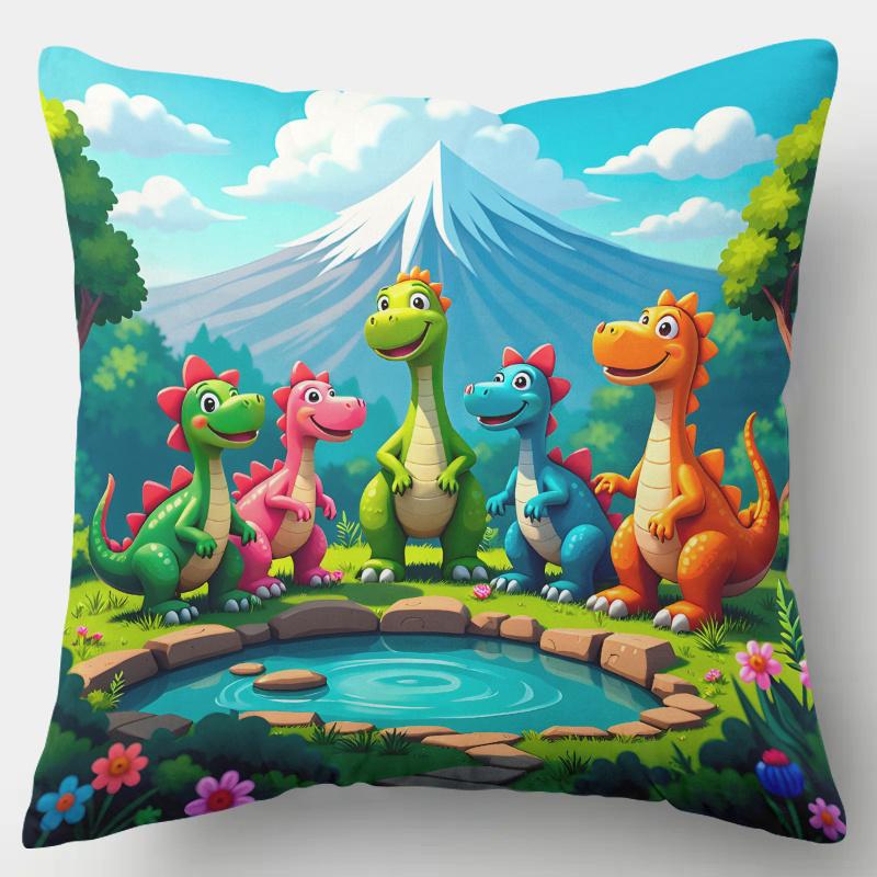 1Pc Cartoon Dinosaur Family Print Throw Pillow Cover,Suitable For Sofa,Bedroom,Kids Room,A Playful Gift For Little Dino Lovers
