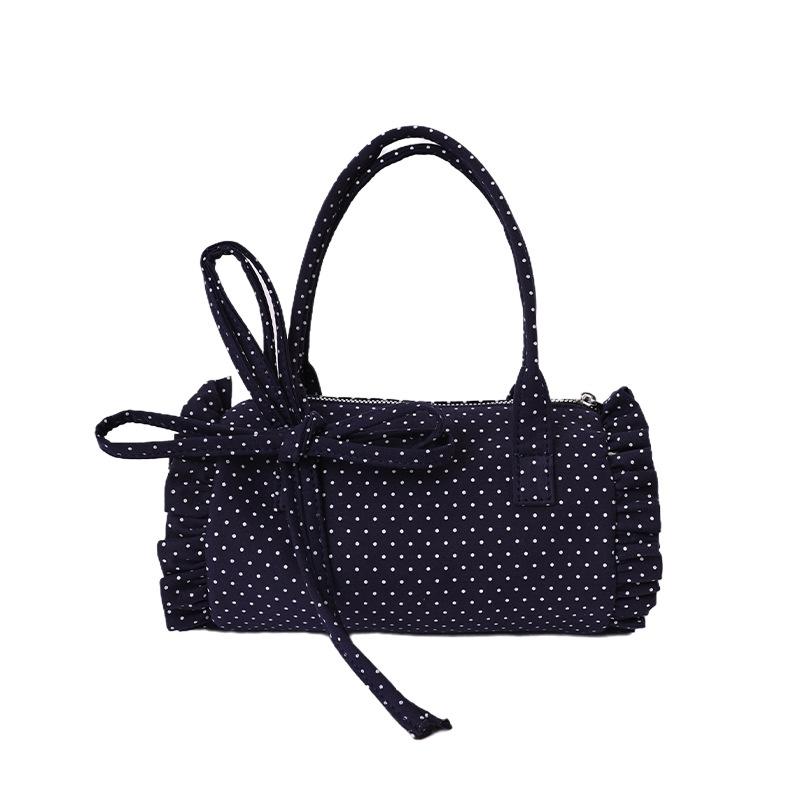 

Korean Polka Dot Cylinder Handbag With Bow Ruffle Trim Cute Casual Boston Shoulder Bag Women Lightweight Nylon Commute Tote Bag 20x11x11cm темно-синього кольору