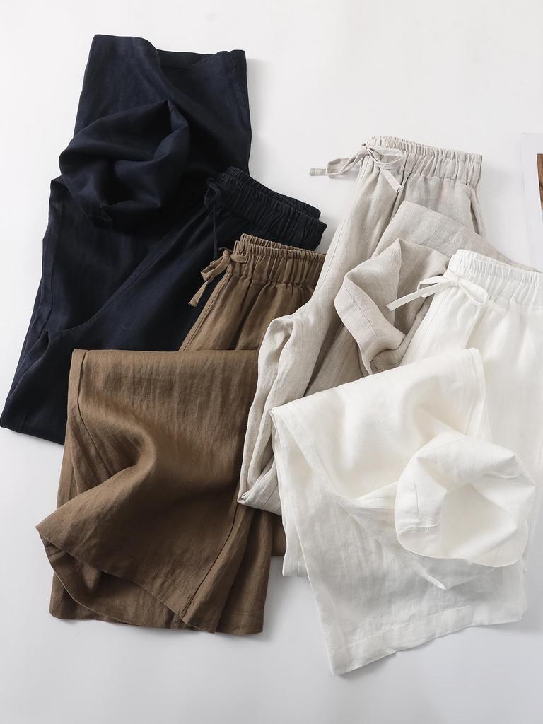 Women's Pure Linen Wide-Leg Pants - White, Summer Style, Loose Fit, High-End, Relaxed Feel