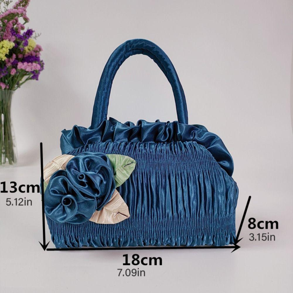 Leaf Hanfu Rose Flower Handbag Satin Silk Bubble Zipper Flower Tote Bag Cosmetic Makeup Bag Mommy Bag Ethnic Style Wrist Bag