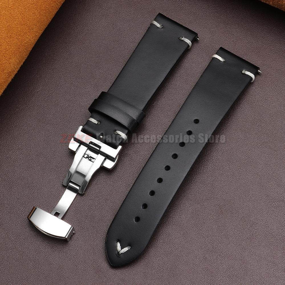Vintage Oil Wax Leather Watch Band 18mm20mm 22mm Bracelet for Seiko Butterfly Buckle Stitching Cowhide Strap for Omega Watchband