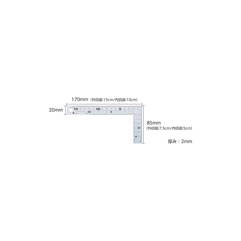 Shinwa Sokutei Square Ruler, Thick, Wide, Silver, 15cm, Same Scale On Both Sides, 8-Row Markings, Cm Indication, 10424