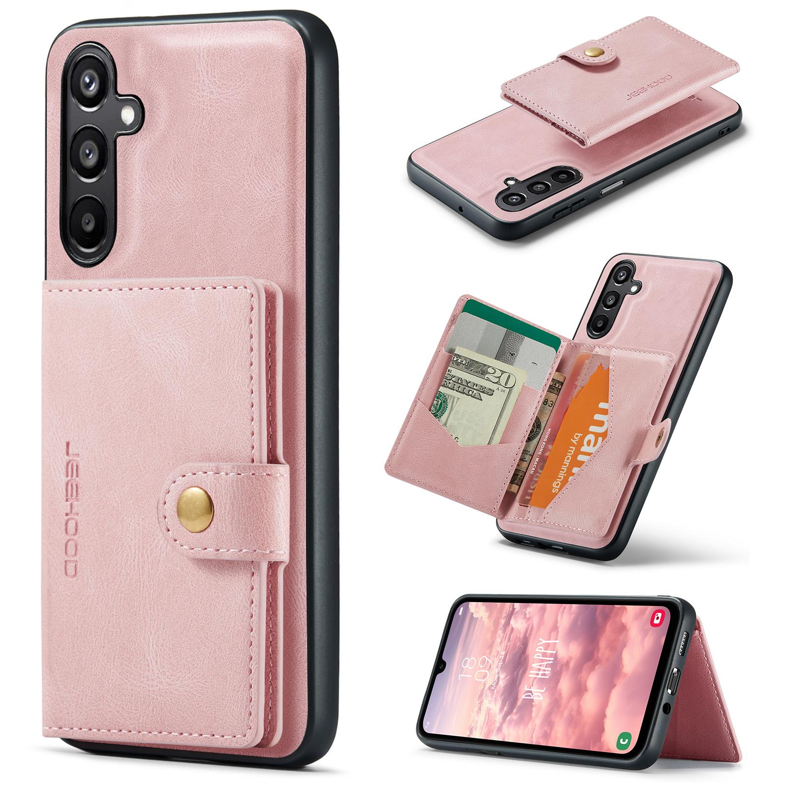 

For Samsung Galaxy A16 5G Case JEEHOOD J01 Retro Leather Phone Back Cover with Detachable Magnetic Card Holder Pink