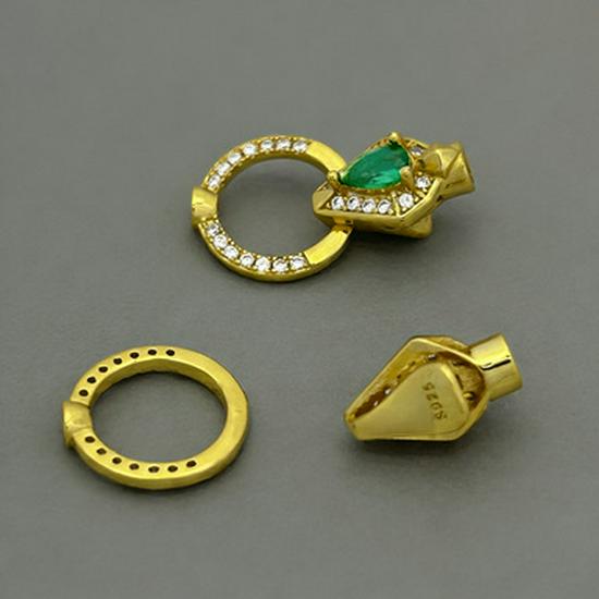 S925 Sterling Silver Snake Head Clasp with Inlaid Emerald and Diamond for DIY Jewelry.
