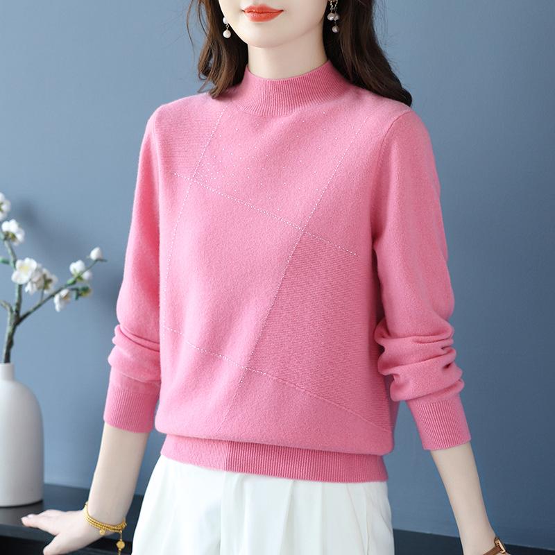 Puyuan Women's Pure Wool Half-High Neck Sweater - Autumn/Winter Solid Color Knit Base Layer for Moms