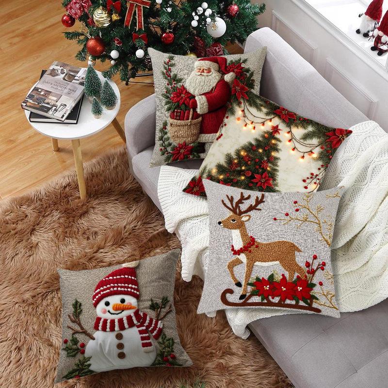 Christmas Embroidered Pillow Covers Set of 4 Santa Deer Snowman Cushion Cases Winter Holiday Sofa Decor (No Insert)