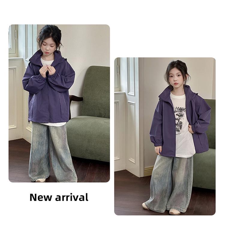 Girls' Sporty Hooded Windbreaker - Embroidered, Big Kids' Jacket for Autumn & Spring