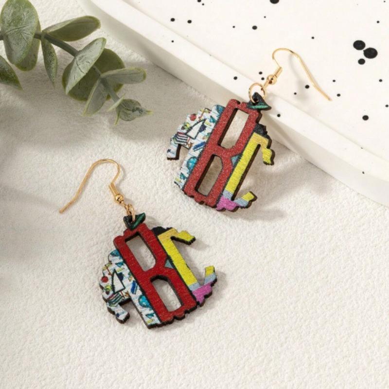 Пара персонализированных букв креативные цветные линии деревянные серьги модные серьги с буквенным пэчворком женские хип-хоп
