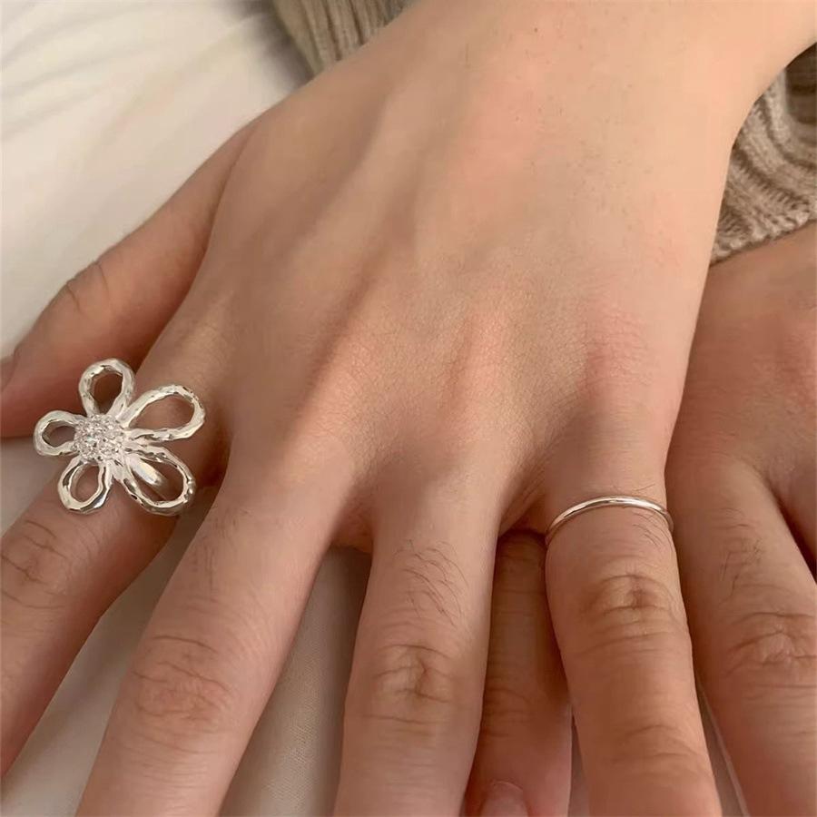 S sterling silver large flower ring heavy industry temperament exaggerated ring versatile open index finger ring
