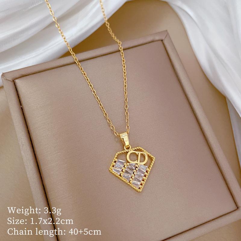 Geometric Love Cd Light Luxury Temperament Gorgeous Full Diamond Necklace Women S Versatile Clavicle Chain Titanium Steel Chain