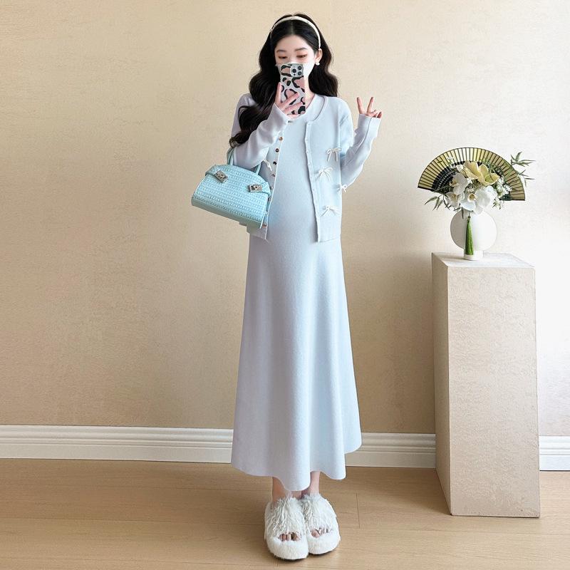 

Trendy Plus Size 2025 Autumn Maternity Knit Cardigan & Long Dress Set M