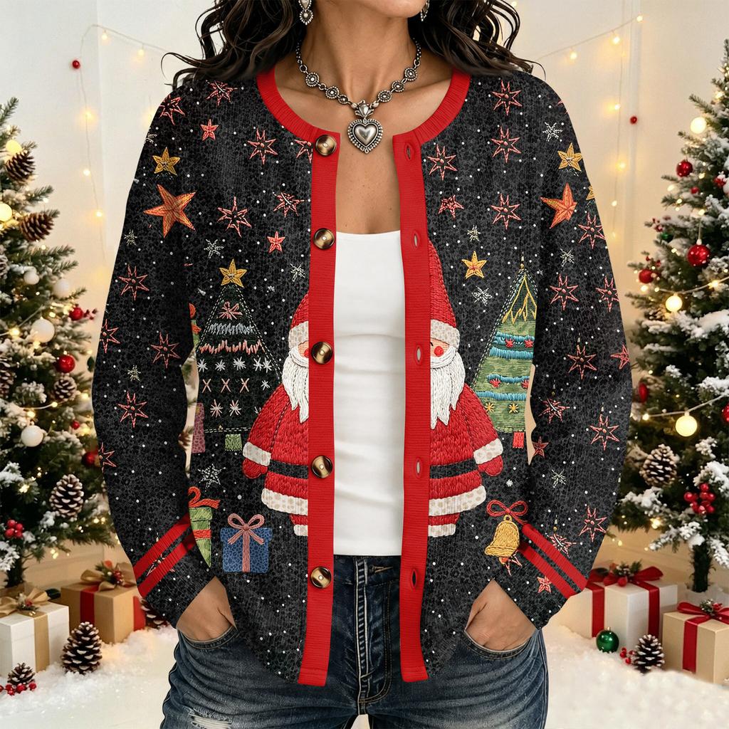 Women's Christmas Print Cardigan Long Sleeve Open Front Jacket for Holiday Party and Everyday Wear