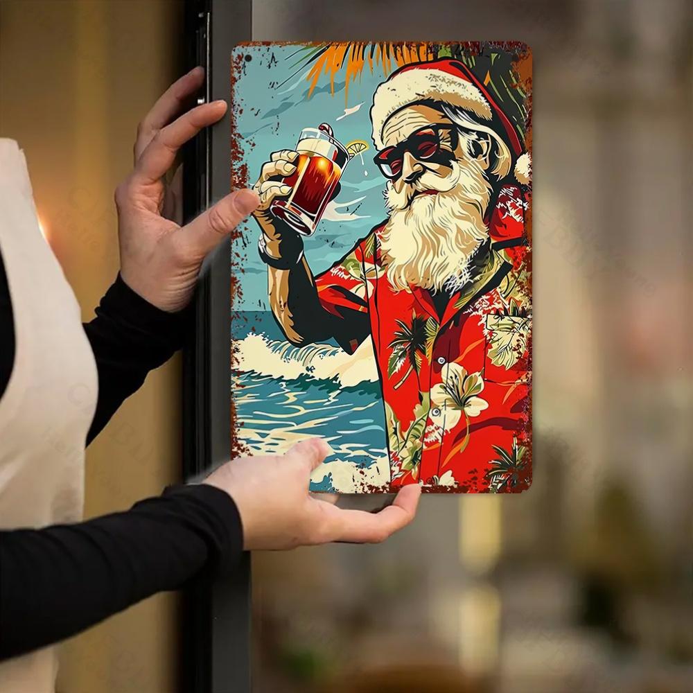 Vintage Metal Santa Wall Art with Hawaiian Shirt Christmas Design for Garden Patio Farmhouse Restaurant Holiday Decor Gift