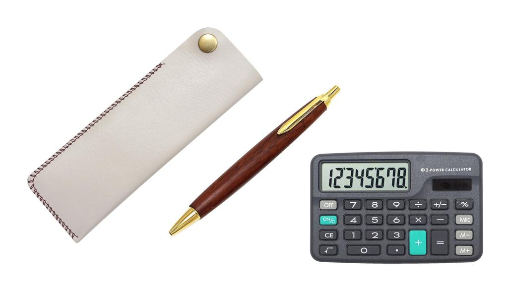 White Horizontal Snap Pen Case with Mini Calculator and Wooden Retro Ballpoint Pen Set T23-D-NK01W-HS48S