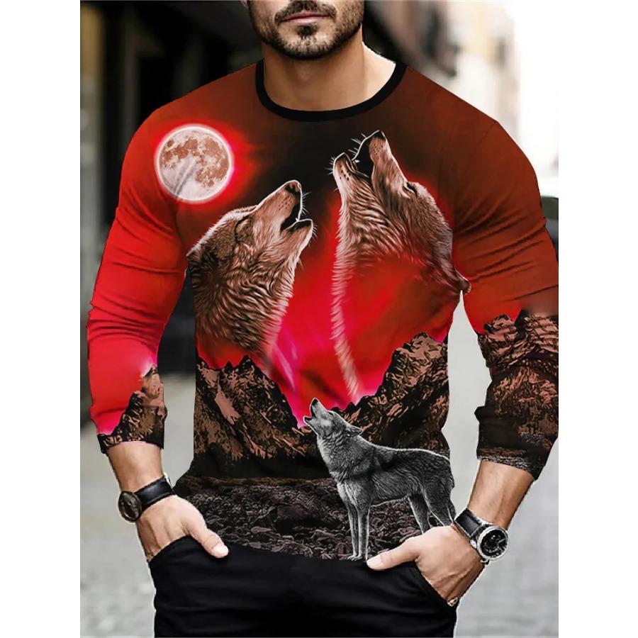 T Shirt for Mens Wolf Pattern Print Long Sleeve Leisure 3D Polyester Man's T-shirts