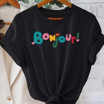 S Casual Short Sleeve Crew Neck T-Shirt - Black Bonjour! Colorful Letter Print Top Summer Sleeved Harajuku Streetwear
