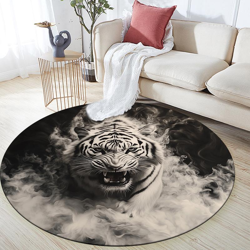 Black and White Tiger,Round Area Rug,Carpet Rug for Living Room Bedroom Sofa Playroom Decor,Non-slip Floor Mat