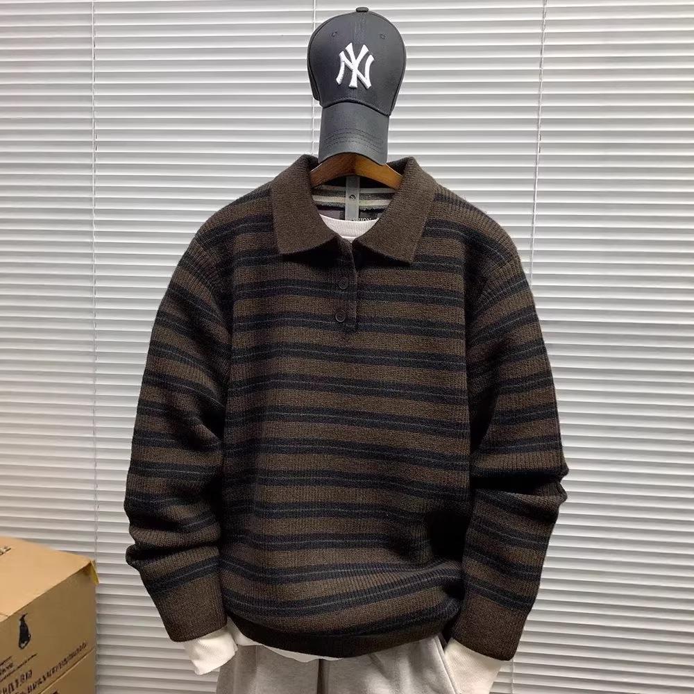 Men s Old Money Colorblock Polo Sweater: Autumn/Winter Knitwear, Casual Striped Lapel Style. XXL кофейный